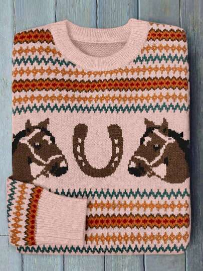 Fashionable, Casual, Loose & Comfortable, Creative, Contrast Color Horse Head Pattern, Knitted Long Sleeve Sweater