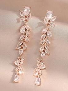 1pair Elegant Leaf Flower CZ Women Long Wedding Earrings With AAA Cubic Zirconia Dangle Earrings Jewelry - 玫瑰金 - 查看 9
