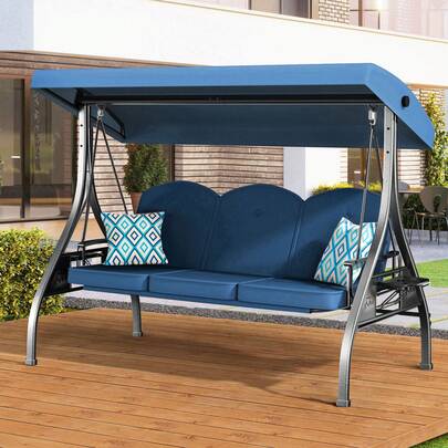 ZZW 3 Seat Outdoor Porch Patio Swing With Stand 800lbs 2-In-1 Convertible Swing Bed With Adjustable Canopy & Removable Cushion For Yard Garden Deck