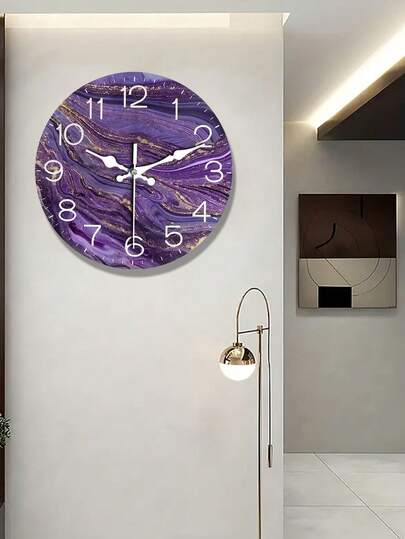 [Popular Choice] 1pc Abstract Violet Golden Texture Wand Clock, 12 Inch Wooden Round ative Timepiece Living Room, Bedroom, Office Battery Operated (AA Not Included), Easy To Read Moderne Home No Border view 3