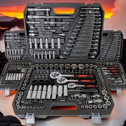 46 pezzi Set di utensili in acciaio al cromo vanadio con cricchetto da 1/4", bussole metriche, punte per cacciavite, meccanismo a sgancio rapido - Kit di utensili manuali professionali per riparazioni automobilistiche e fai da te, senza assemblaggio richiesto, senza alimentazione, con custodia