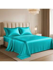 Lux Decor 4-Piece Satin Sheet Set, Silky Soft Polyester Bed Sheets With Deep Pocket Fitted Sheet, Breathable Cooling And Refreshing Bedding, Soft Touch, Washable Bed Linen For Home, Bedroom And Guest Room - Lake Blue - 查看 12