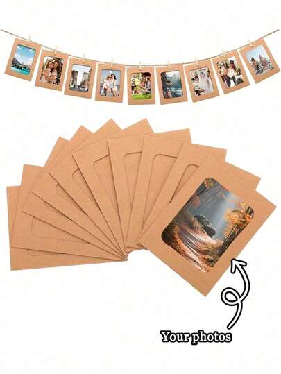 10pcs/Set Customized Paper Photo Frame, Cardboard Photo Frame Diy Clip Photo Holder Hanging Photo Display Banner, Paper Photo Banner, Including Hemp Rope And Clips, Customizable Photos, Hanging Photo Wall, Suitable For Weddings, Anniversaries, Birthdays, Holiday Parties, Home Decoration, Desktop Diy Decoration, Home, Classroom, Office, Wedding And Wall Decoration, Room Decoration