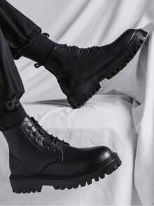 Boots Men's High Top Spring And Autumn British Style Retro Mid-Top Leather Shoes Heightened Black Leather Boots - 黑色 - 查看 10