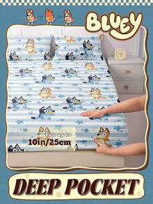 Bluey 卡通数码印花床笠，床上用品，床垫保护套，透气防起球，柔软亲肤，卡通图案床罩，适用于单人床、双人床、大号床、特大号床，多种尺寸可选（不含枕头和枕套），可机洗。 - 藍白色 - 查看 5