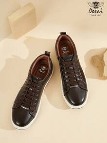 DESAI 1 双男士复古休闲皮鞋，简约设计，透气低帮运动鞋，春夏季 - 棕色 - 查看 3