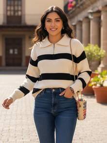 Suéter a rayas con cuello vuelto, suéter de manga larga para mujer, suéter de punto holgado vintage, suéter de punto cálido para otoño e invierno, Top - Albaricoque - Ver 3