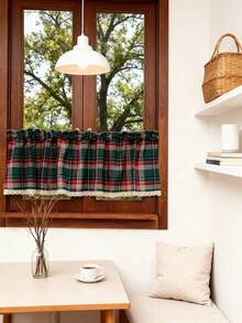 1件圣诞绿色格子遮光农舍风窗帘 - 冬季厨房咖啡厅窗帘，可机洗 - 綠紅白 - 查看 8