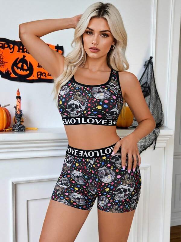Women's Athleisure Halloween King Skull Print Suit, Sewn Without Cups, Racerback Design, American Fashion