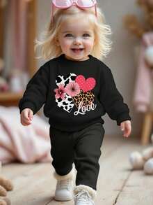 1 件幼儿女童休闲豹纹心形印花圆领套头衫，秋冬 - 黑色 - 查看 6