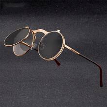 1 Piece Steampunk Flip Round Metal Frame Fashion Glasses Unisex - Vintage Gold Tone, Decorative Lenses, Durable Hinge, Casual Style Suitable Daily Wear, Fashion Accessories| Steampunk Glasses| Metal Frame Glasses - đen đỏ - Xem 2