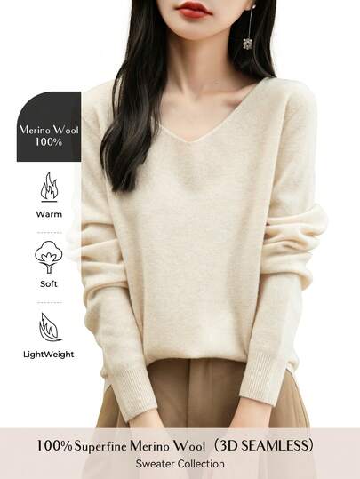 Women's 100% Merino Wool Sweater Autumn Winter Long Sleeve Women's V-Neck Sweater Warm Soft Knitted Pullover Top