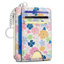 Pastel Flowers Credit Card Holder Small Wallet Women, Floral Slim RFID Blocking Wallet Woman Keychain With Zipper Coin Pocket, Front Pocket Thin Travel Card Case With ID Window Ladies Gifts{"Color_name":"ColorFlower"} - 多色21 - 查看 1