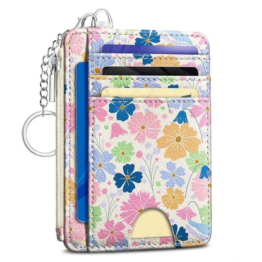 Pastel Flowers Credit Card Holder Small Wallet Women, Floral Slim RFID Blocking Wallet Woman Keychain With Zipper Coin Pocket, Front Pocket Thin Travel Card Case With ID Window Ladies Gifts{"Color_name":"ColorFlower"} - 多色21 - 查看 1