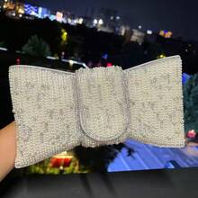 Plus Size High Quality A-Grade Rhinestone Bow Faux Pearl Shiny Crystal Evening Clutch Bag, Chain Shoulder Strap, Fashion Hand Carry Envelope Clutch Purse For Formal Gown And Party, Elegant Faux Pearl Bag, Elegant Pearl Clutch, Prom Bag
