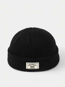 1pc Men's Solid Color Versatile Patched Label NY Beanie Hat, Knitted Warm Casual Wear For Autumn Winter Halloween Fall Outfit