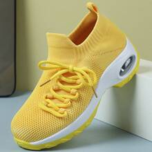 女士时尚纯色系带侧绑运动鞋，亮色运动鞋，适合户外跑步、锻炼、散步 - 黃色 - 查看 14