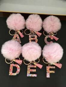 Alphabet Initial Letter Keychain Cute Plush Pom Key Chain Ring Bag Backpack Charm Car Hanging Pendant Women Girls Gift,Cute Sequins Resin Key Chain,Wallet And Handbag Accessories, Keychain With Tassels,Alphabet Initial Letter A-Y School - Multicolor - View 2