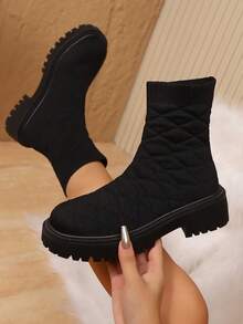 Botas de tobillo para mujer, de unicolor, con estilo universitario elegante, casual, para ir al trabajo, al aire libre, de fiesta, sexy, de boda, estilo universitario casual, de vacaciones, de boda, de resort, de fiesta, de oficina, al aire libre, para todas las estaciones, con suela gruesa cómoda y tacón ancho con punta redonda, botas sencillas para ir al trabajo, botas cortas casuales, botas elásticas negras de moda para eventos de fiesta