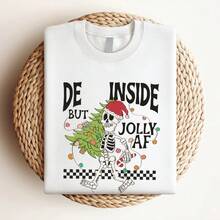 180g pure Cotton Dead Inside Skeleton Christmas Sweatshirt, Funny Christmas Sweater Crewneck Holiday Sweatshirt, Sarcastic Christmas Shirt Womens Holiday Tee Print Round Neck Short Sleeve designer clothes T-Shirt For Women Casual fashion Stylish Summer Soft - Blanco - Ver 3