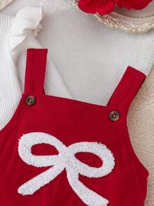 两件套女婴套装，休闲优雅白色针织竖条纹圆领长袖上衣搭配红色编织可调节肩带蝴蝶结刺绣花边连衣裙，春秋季外套 - 紅色 - 查看 7