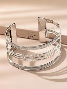 1pc Fashionable Minimalist Personalized Multi-Layer Matte Sequin Hollow Bangle Bracelet, Suitable For Women, Wedding, Party, Gift For Friends, Valentine's Day, Daily Wear - Silver - View 3