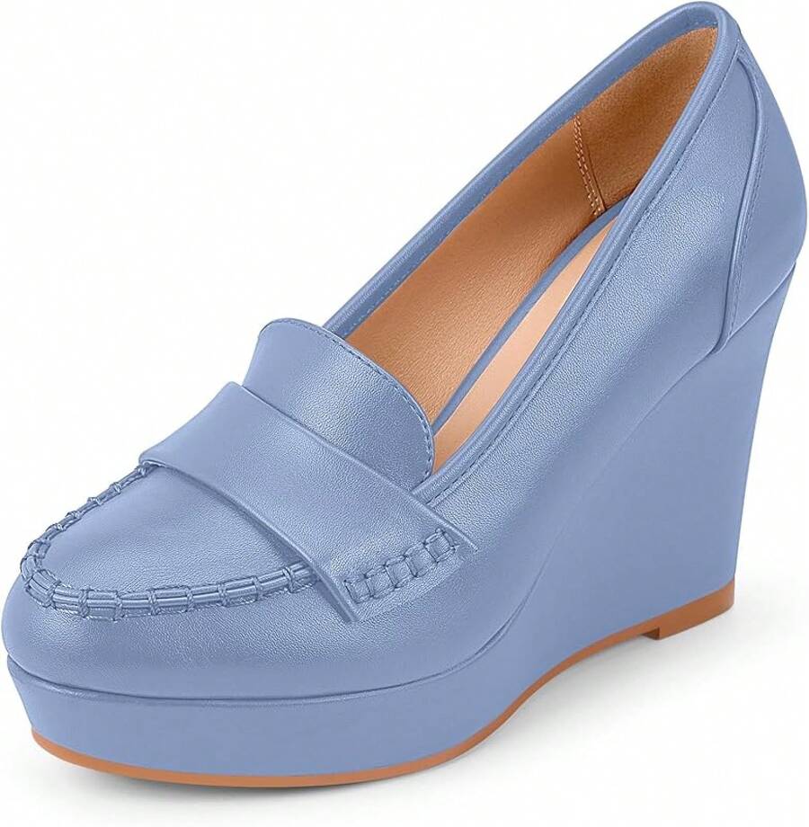 Women's Platform Loafer Wedge Pumps Slip-On Office Casual Penny Loafer Shoeshalloween - Màu xanh lam - Xem 1