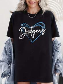 Women's Oversized T-Shirt Los Angeles Dodgers Heart Logo Graphic Print Casual Streetwear Top For Baseball Fans - 黑色 - 查看 1