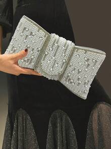 Plus Size High Quality A-Grade Rhinestone Bow Faux Pearl Shiny Crystal Evening Clutch Bag, Chain Shoulder Strap, Fashion Hand Carry Envelope Clutch Purse For Formal Gown And Party, Elegant Faux Pearl Bag, Elegant Pearl Clutch, Prom Bag