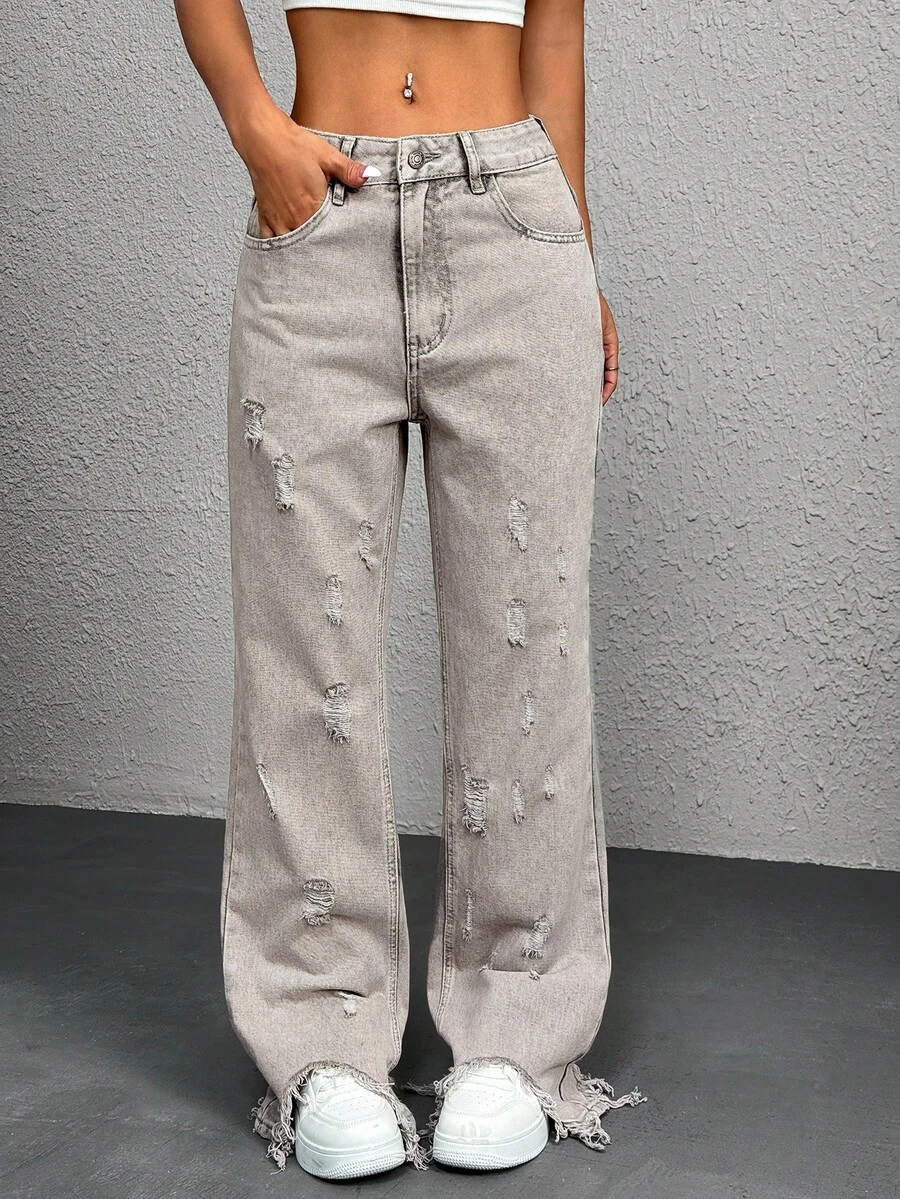 Jeans rectos y sueltos de uso diario con efecto desgastado en los bordes del cabello, de estilo vintage y casual para mujer