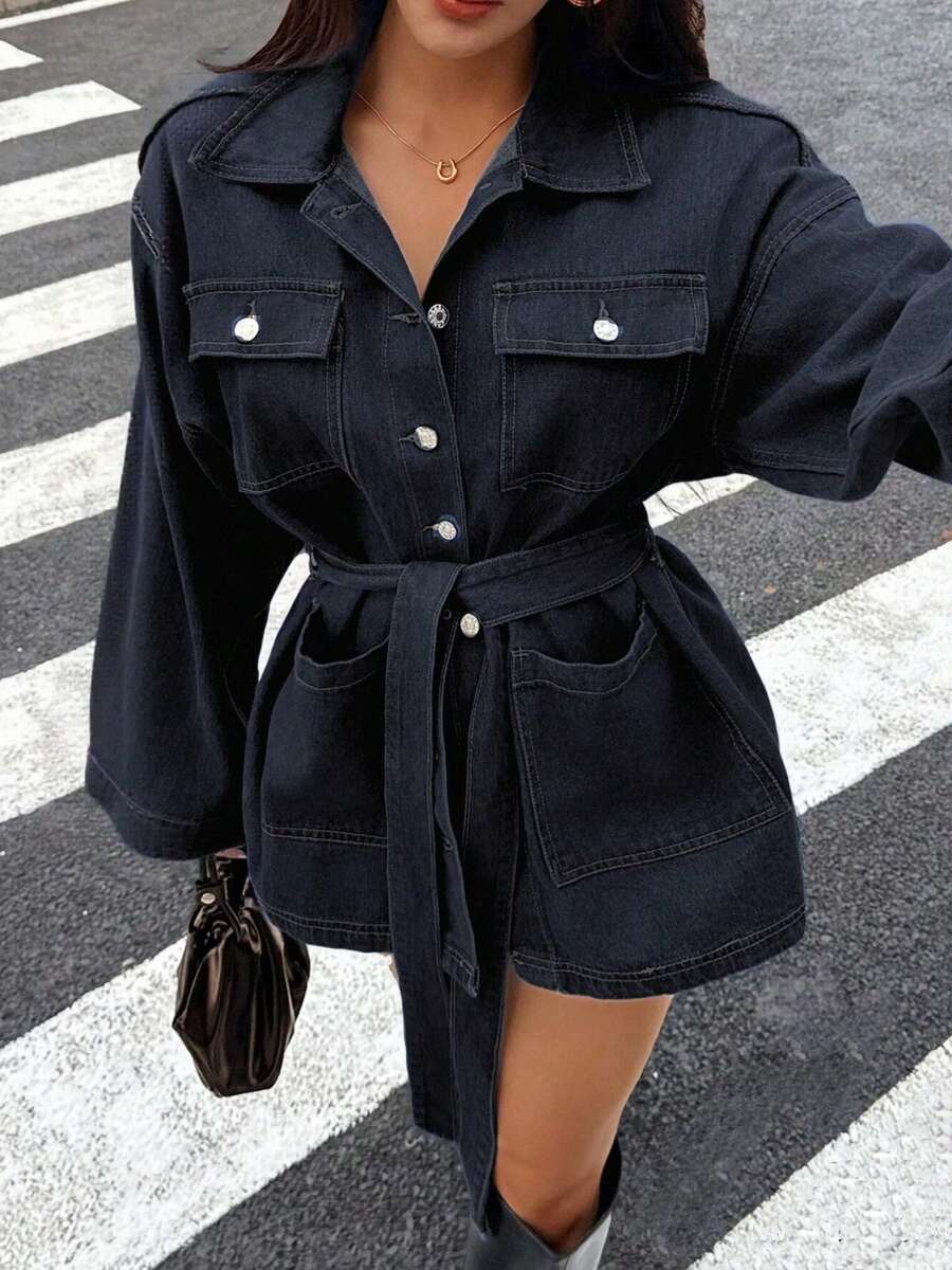 Seelio Women's Autumn/Winter New Denim Jacket With Waist Tie, Lapel Collar, Single-Breasted - Dark Blue - View 1