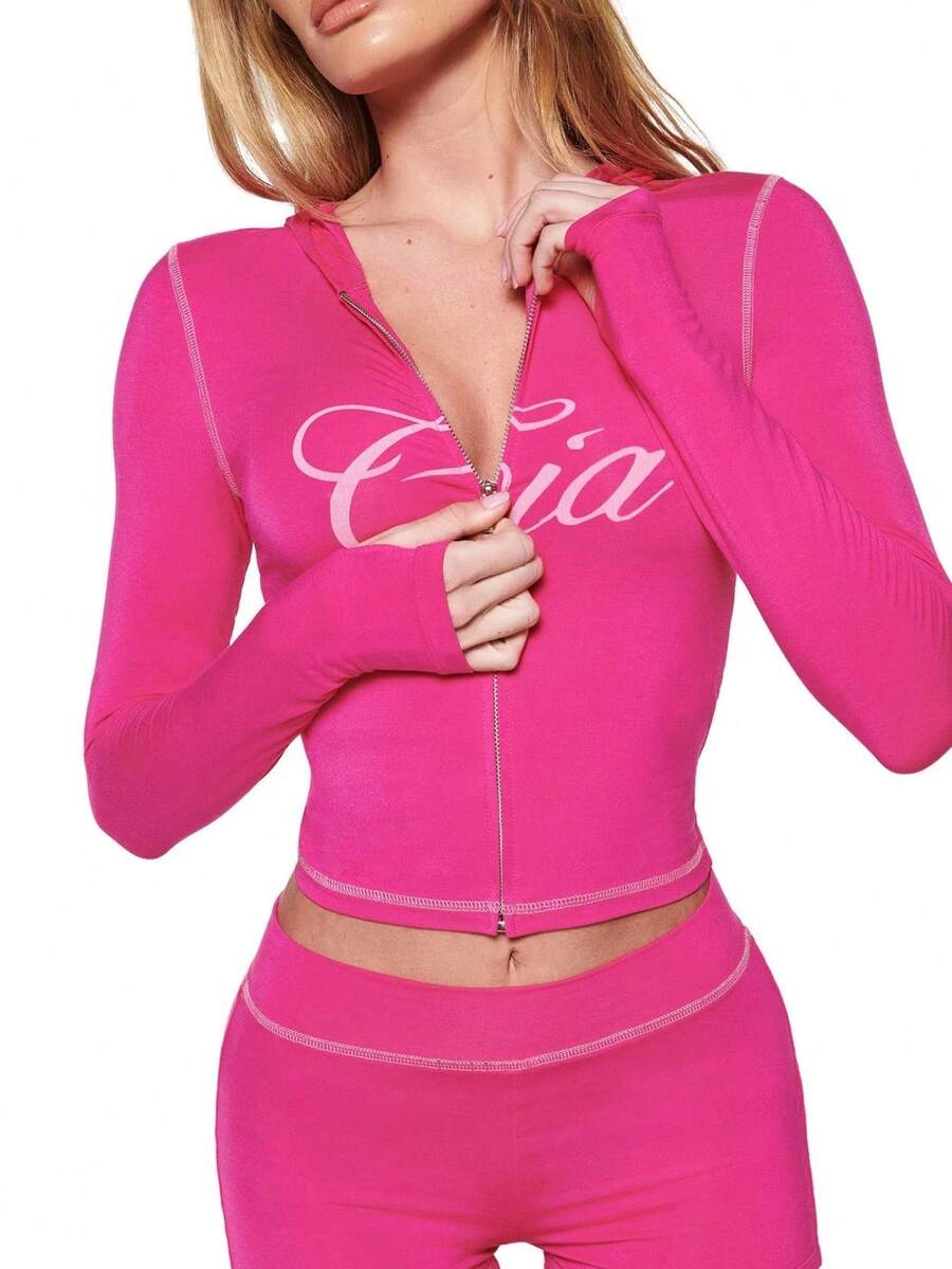 Mantos Casual Fall Outfits Women  Two Piece Sets  Long Sleeve Tops Match Long Pants Sets Sports Outfits For Women Graphic Print Going Out Outfit - 玫紅色 - 查看 1