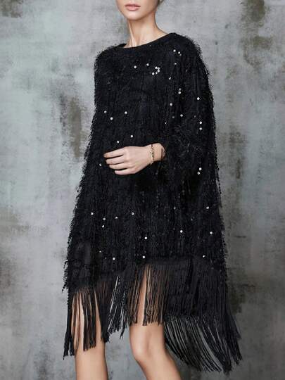 Valentine's Day, Date Night Outfit, Gifts For Her Magic Mia Women's Elegant Black Sequin Fringe Dress - Sparkly Tassel Hem Loose Fit Gown | Flapper Style Evening Dress For Semi-Formal, Daily Wear, Holidays & Wedding Guest