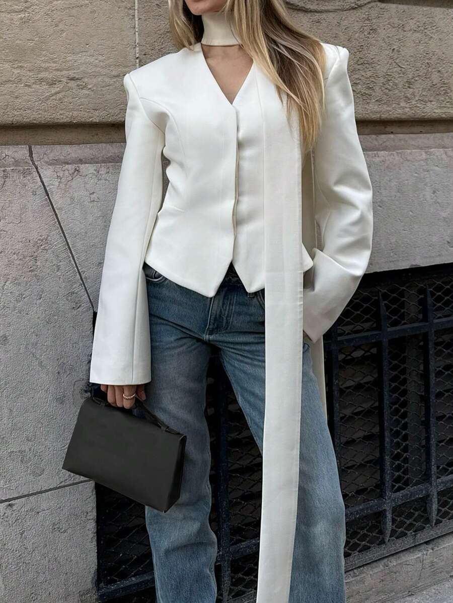 Chaquetadetrajedeocioconlazoeleganteparamujer,patchworkconbufanda,blazercasualdenegocios,detelatejidadeunicolor,conbotonesdelanteros,blancodeprimavera