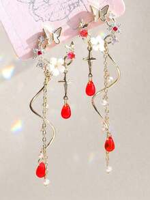 1 Pair Elegant Butterfly Tasseled Long Earrings, Versatile For Everyday Wear - Red 2 - 查看 2