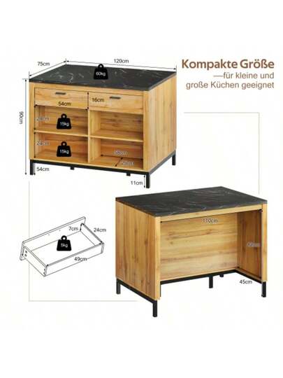 120*75*90cm, Country Kitchen Isl Drawers Open Shelves, Oak Grain Finish, Zwart Marble Countertop, Metal Frame, Back Bar Area view 2