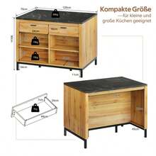 120*75*90cm, Country-Style Kitchen Island – Kitchen Island With 2 Drawers And 4 Open Shelves, Oak Grain Finish, Black Marble Countertop, Metal Frame, Back With Bar Area