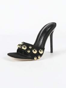 Damen Mode Schwarz Nieten Slip-On Quadratische Zehenkappe High Heel Mules, Sexy Stiletto Sandalen 4.5 Inch für Sommer Nachtclub, Laufsteg, Party, Outdoor Aktivitäten - Schwarz - Übersicht 7