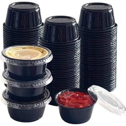 2oz Black Condiment Cups With Lids, 50 Pack Jello Shot Cups, Dipping Sauce Cups, Portion Containers With Lids Sauces