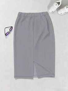 Elegant Solid Color High Waist Slit Bodycon Pencil Skirt - Light Grey - View 4