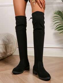 The Stylish Mid-Heeled Over-The-Knee Boots Are Designed For Teen Girls With Elastic And Decorative Lace-Up Elements, All-In-One Boots