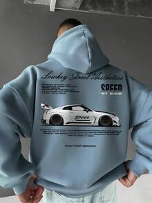 GRDR Men's Hoodie With Car Element Print, Kangaroo Pocket, Autumn/Winter New Street Fashion - Baby Blue - View 5