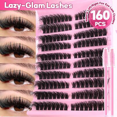 160片/154片蓬松D型卷翘8-16mm混合长度狐狸眼假睫毛，单簇狐狸眼左右眼单簇假睫毛，可成对使用，80D DIY簇状假睫毛，超浓密自然，防水可重复使用，适合初学者、日常生活、派对、旅行、音乐节等场合。