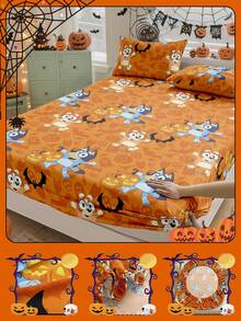 Bluey Halloween Digital Print Bedsheet,  Bedding, Mattress Protector, Bed Cover, Fitted Sheet, Comfortable Home Textile, Breathable Anti-Pilling Mattress Protector, Soft & Skin-Friendly, Pumpkin Lantern  Pattern, Cartoon Pattern Bed Cover,  Home Decor, Soft & Comfortable Bedroom Bedding - Multicolor - View 5