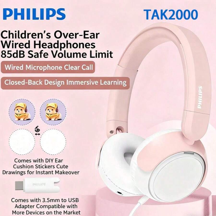PHILIPS TAK2000 Over-Ear Children's Hearing, Primary School Online Class Learning, Low Decibel Protection Wired Headphones With Headsets, Daily Learning Supplies, Other Stationery, Game Headphones, Office Education, Online Class Learning