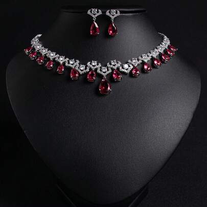 3pcs/Set Silver, Pink, Cubic Zirconia Inlaid Flower & Teardrop Shaped High Quality/Luxury Earrings, Necklace, Jewelry Set, Suitable For Women/Brides, Festivals/Parties, Weddings/Banquets, Women's Fashion Jewelry, Jewelry Set, Gift