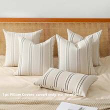 1 件亚麻抱枕套，波西米亚纹理枕套，米色配白色和海军蓝针色织条纹靠垫套，适用于沙发客厅（仅枕套） - 灰色 - 查看 2