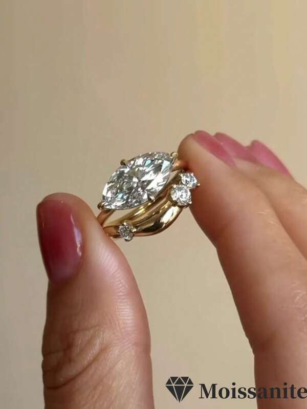 2pcs/Set Fashionable Minimalist S925 Sterling Silver Embedded 1CT Moissanite Round Ring Set, Jewelry For Women, Engagement, Wedding, Party, Daily Wear, Holiday Gift