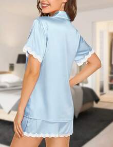 3 Piezas Pijama de Seda para Mujer Conjunto de Pijama de Satén con Adorno de Encaje Suave con Botones Pijama Ropa de Dormir Ropa de Estar por Casa Halloween - Light Blue - Ver 4