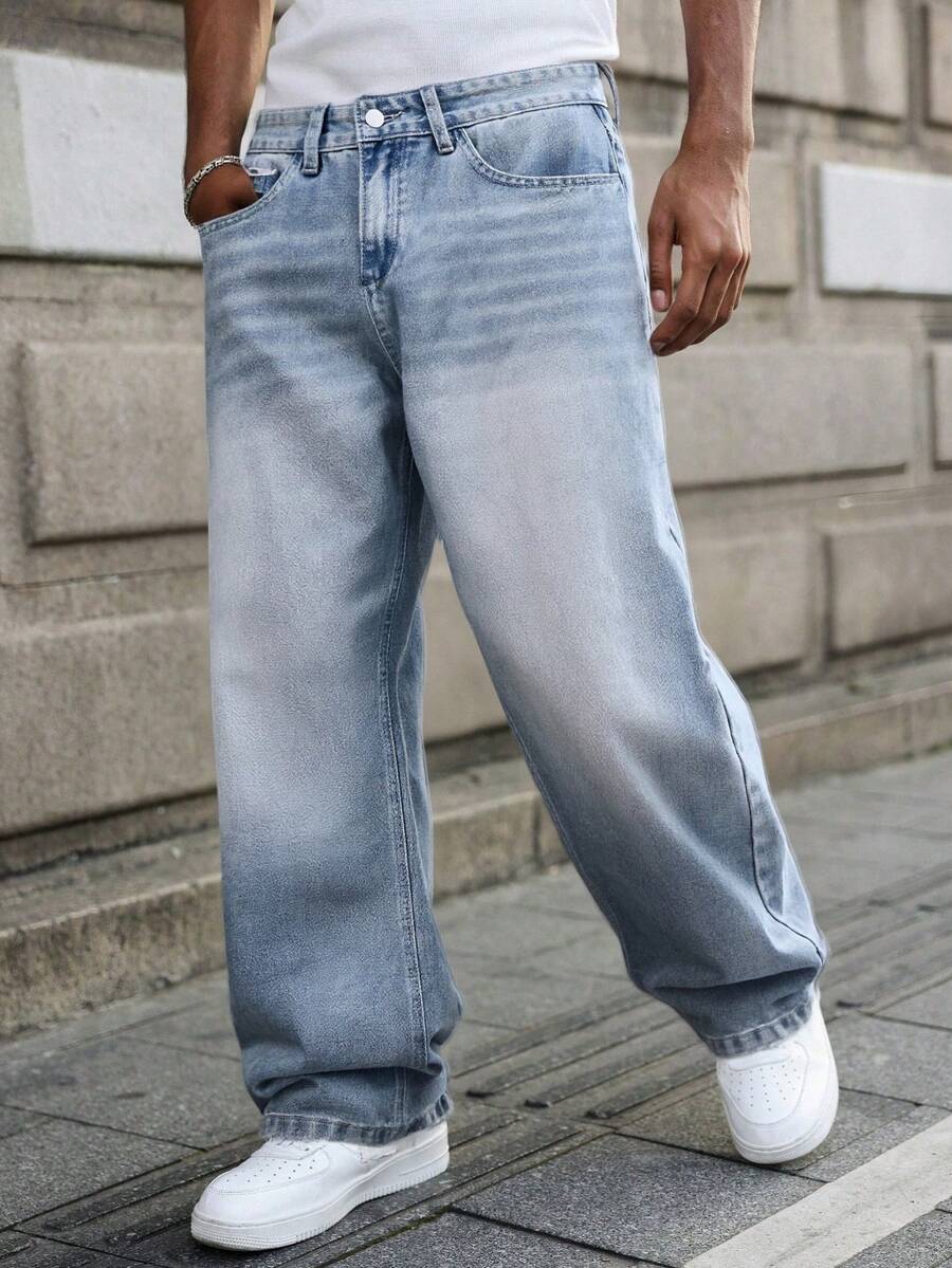 男士浅蓝色牛仔裤，休闲宽松直筒 Y2K 牛仔裤，美国街头服饰 - 藍色 - 查看 1